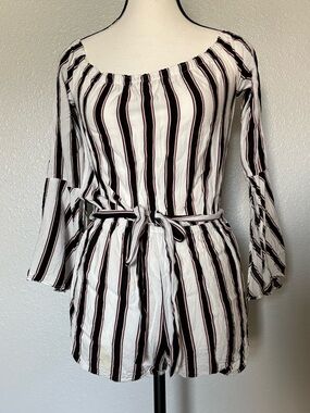 silence + noise Black, White & Pink Striped Off-Shoulder Romper